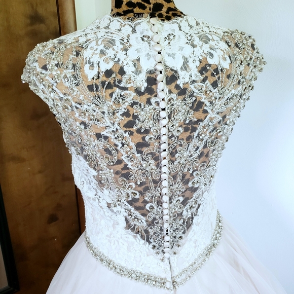 ALLURE Romantic Ivory Lace and Blush Tulle Wedding Gown - Picture 6 of 11